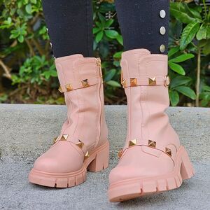 Women's Nude Pyramid Stud Ankle Combat Boot